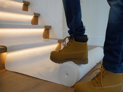 Contractor installing white padded adhesive floor protection on hardwood surface — durable surface covering for construction, renovation, and restoration sites.