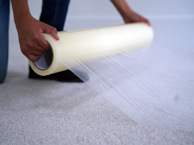 Contractor applying Gator Guard Carpet Protection Film to safeguard floors during renovation. Heavy-duty temporary surface covering for carpeted construction sites.